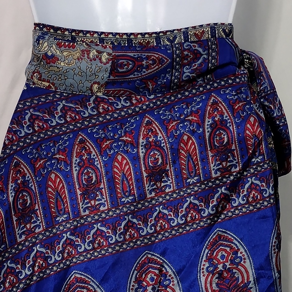 Women's Paisley Artsy Wrap Skirt OS Blue Boho Retro 90s Y2K Festival Beach - Picture 6 of 8